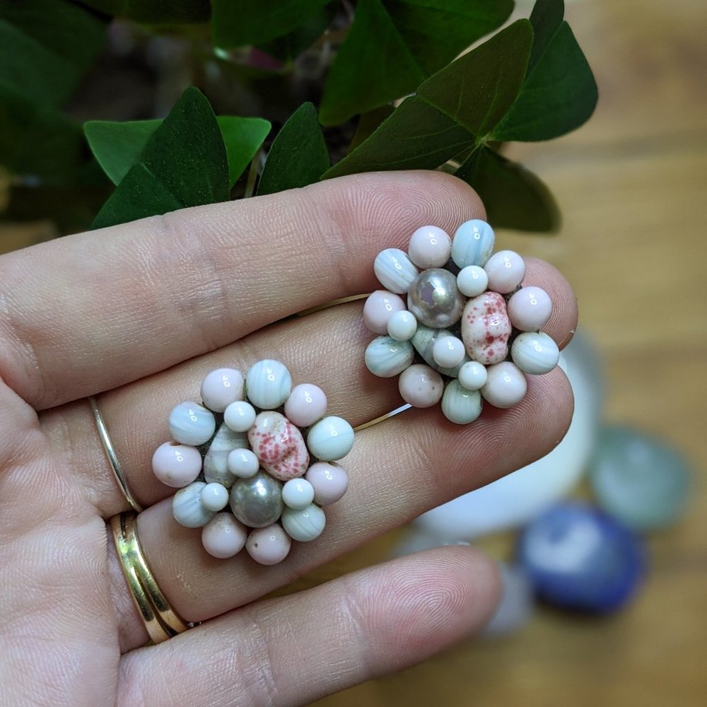 Vintage pastel glass beaded cluster earrings